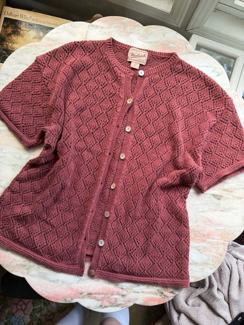 Woolrich Women's Vintage Pointelle Knit Short Sleeve Button-Front Cardigan